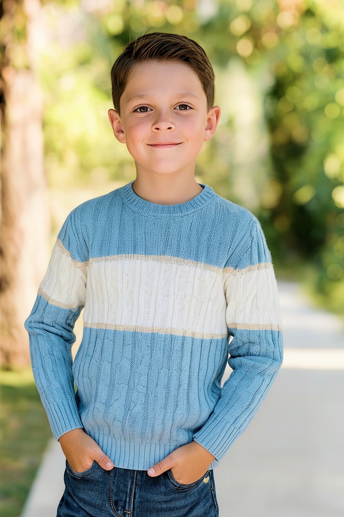 A smiling boy wears a blue and white striped cable knit sweater, standing outdoors with greenery in the background.