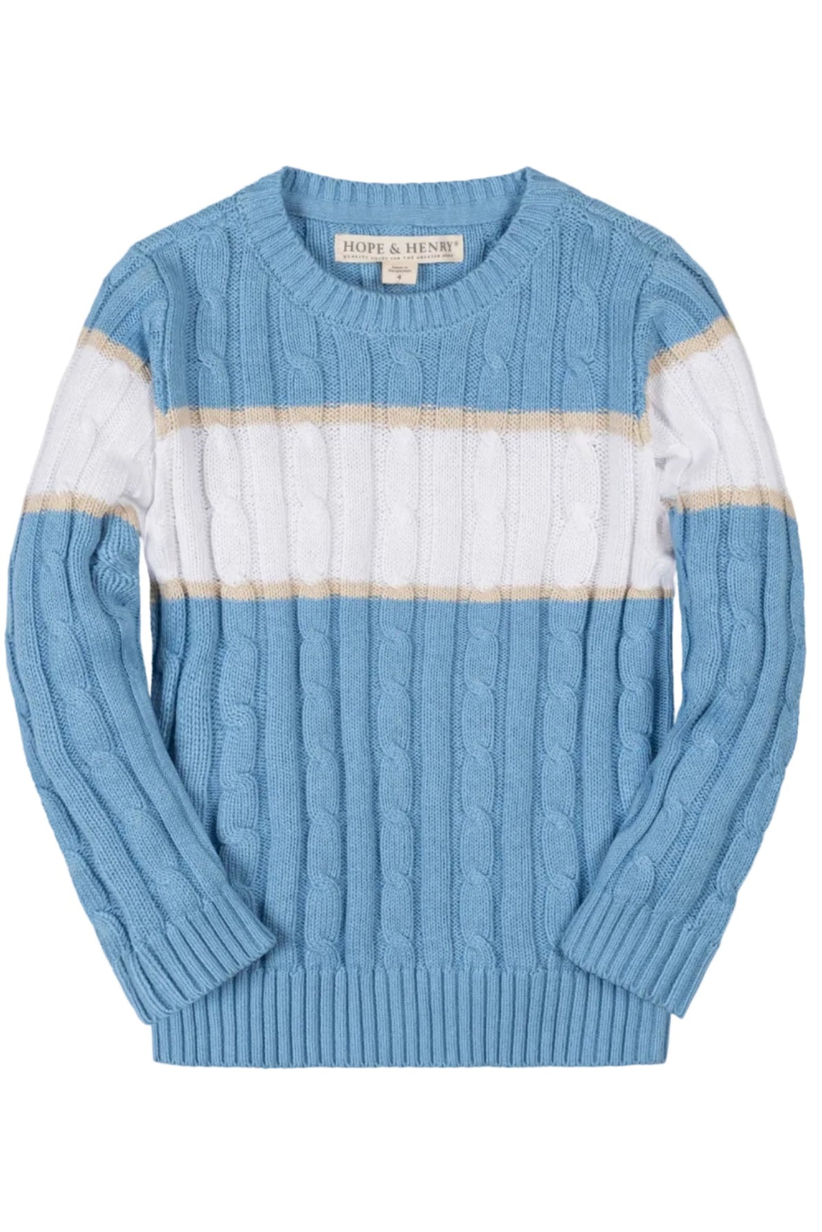 Light blue crewneck sweater featuring a cable knit design, white and beige stripes, and ribbed trim.