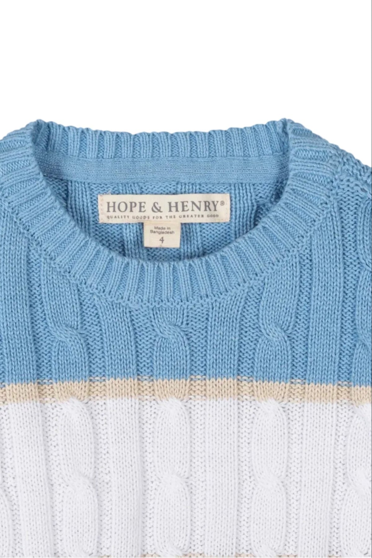 Close-up of a Hope & Henry crewneck sweater featuring blue, cream, and white stripes with a cable knit design.