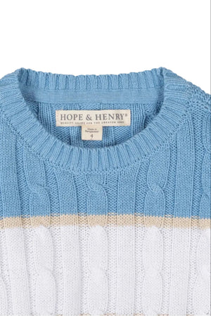 Close-up of a Hope & Henry crewneck sweater featuring blue, cream, and white stripes with a cable knit design.