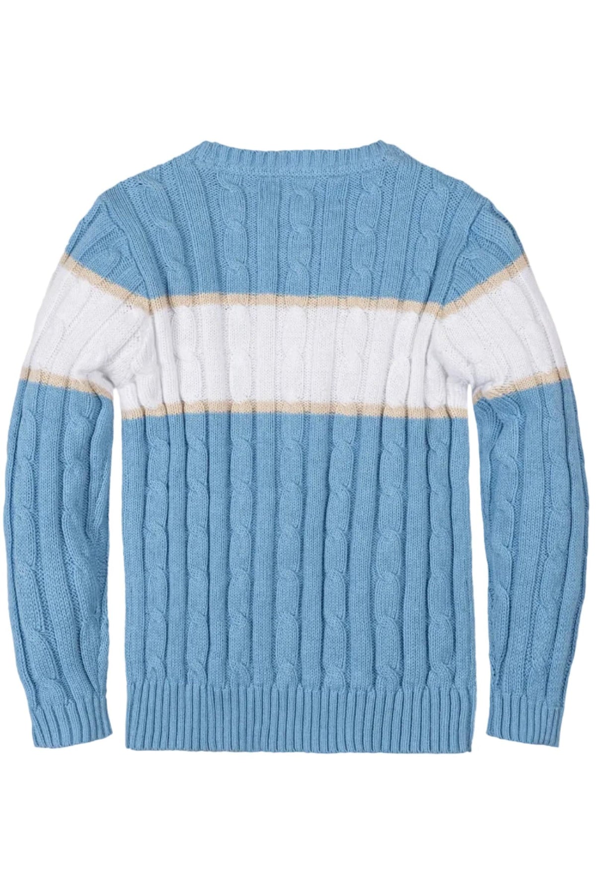 Back view of a cozy blue crewneck sweater featuring a cable knit design and striped pattern in light blue, white,.