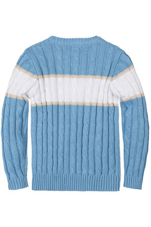 Back view of a cozy blue crewneck sweater featuring a cable knit design and striped pattern in light blue, white,.