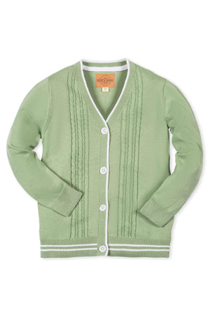 Soft green cable knit cardigan featuring a v-neck, white striped trim, and faux horn buttons, made from organic cotton.