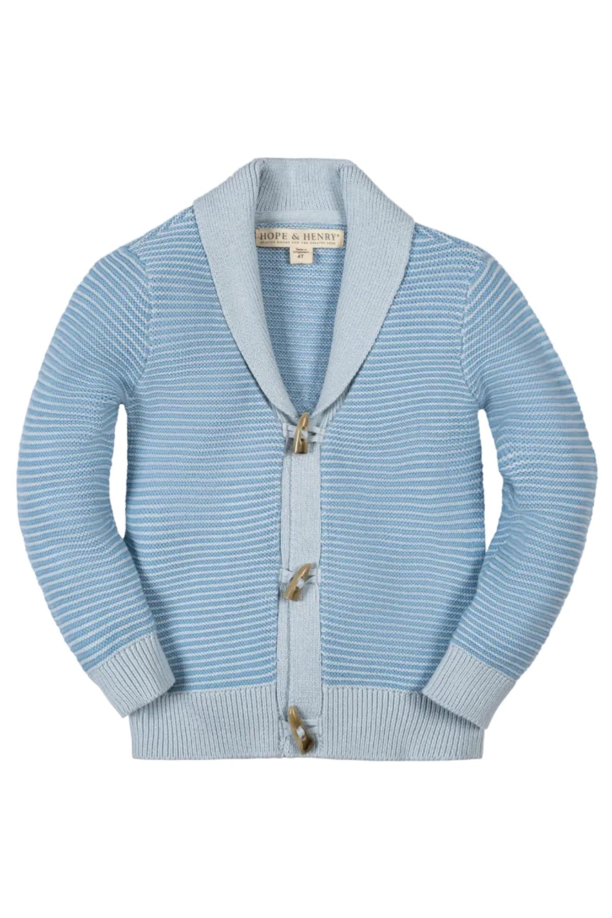 Light blue shawl collar cardigan for boys made of organic cotton, featuring a textured stitch and front toggle closure.