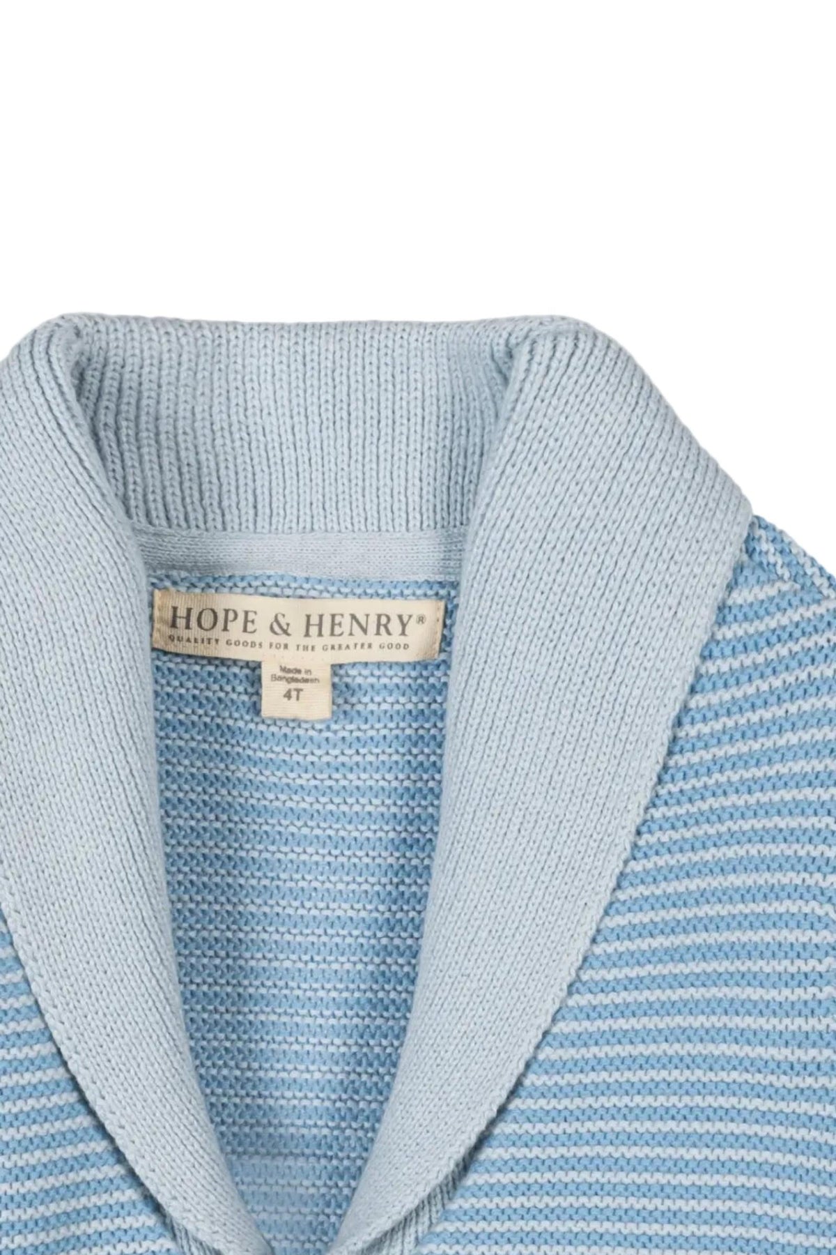 Close-up of a light blue shawl collar cardigan by Hope & Henry, showcasing a textured stitch and brand label.