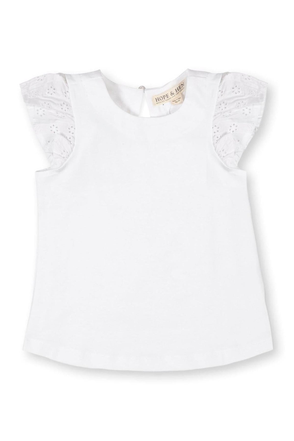 White organic cotton knit top featuring eyelet flutter sleeves and a back keyhole neck closure, ideal for toddlers and kids.