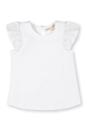 White organic cotton knit top featuring eyelet flutter sleeves and a back keyhole neck closure, ideal for toddlers and kids.
