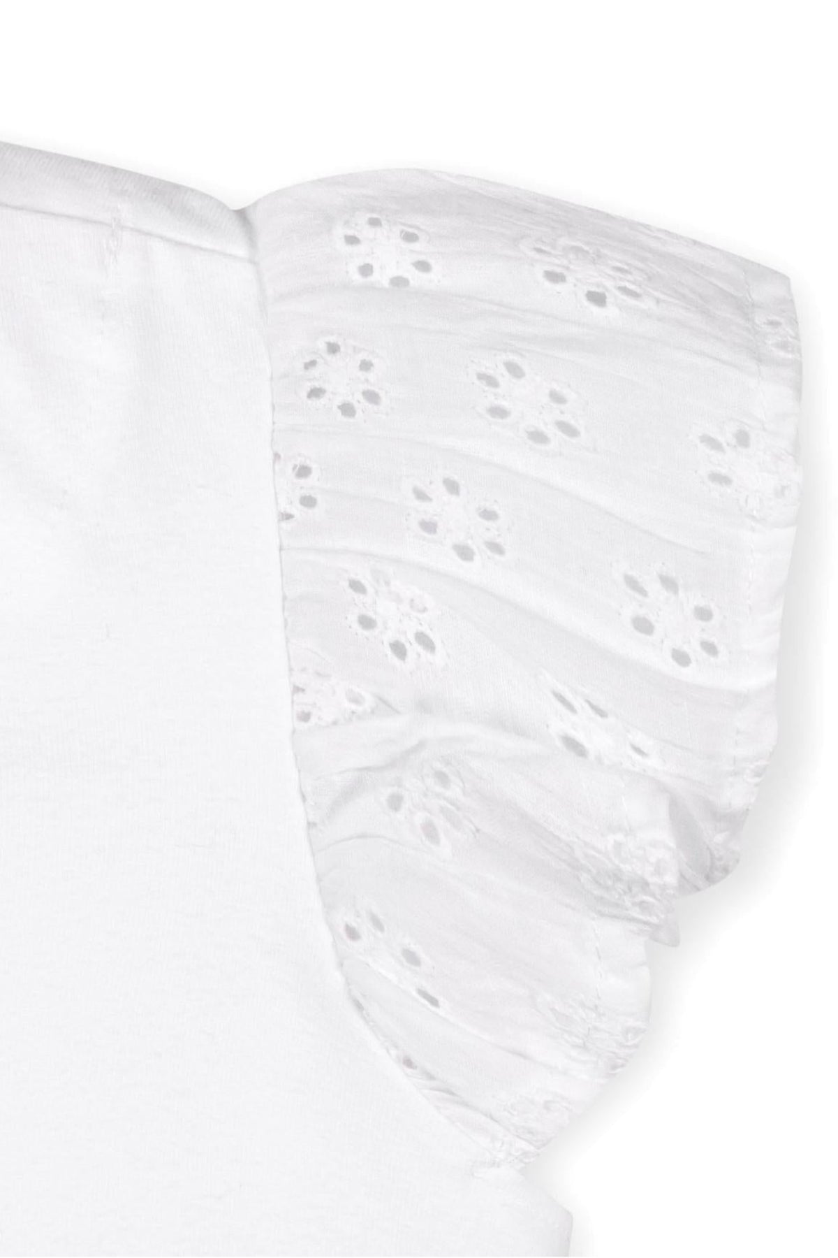 Close-up of a white top showcasing soft organic cotton fabric with delicate eyelet flutter sleeves, perfect for toddlers and kids.