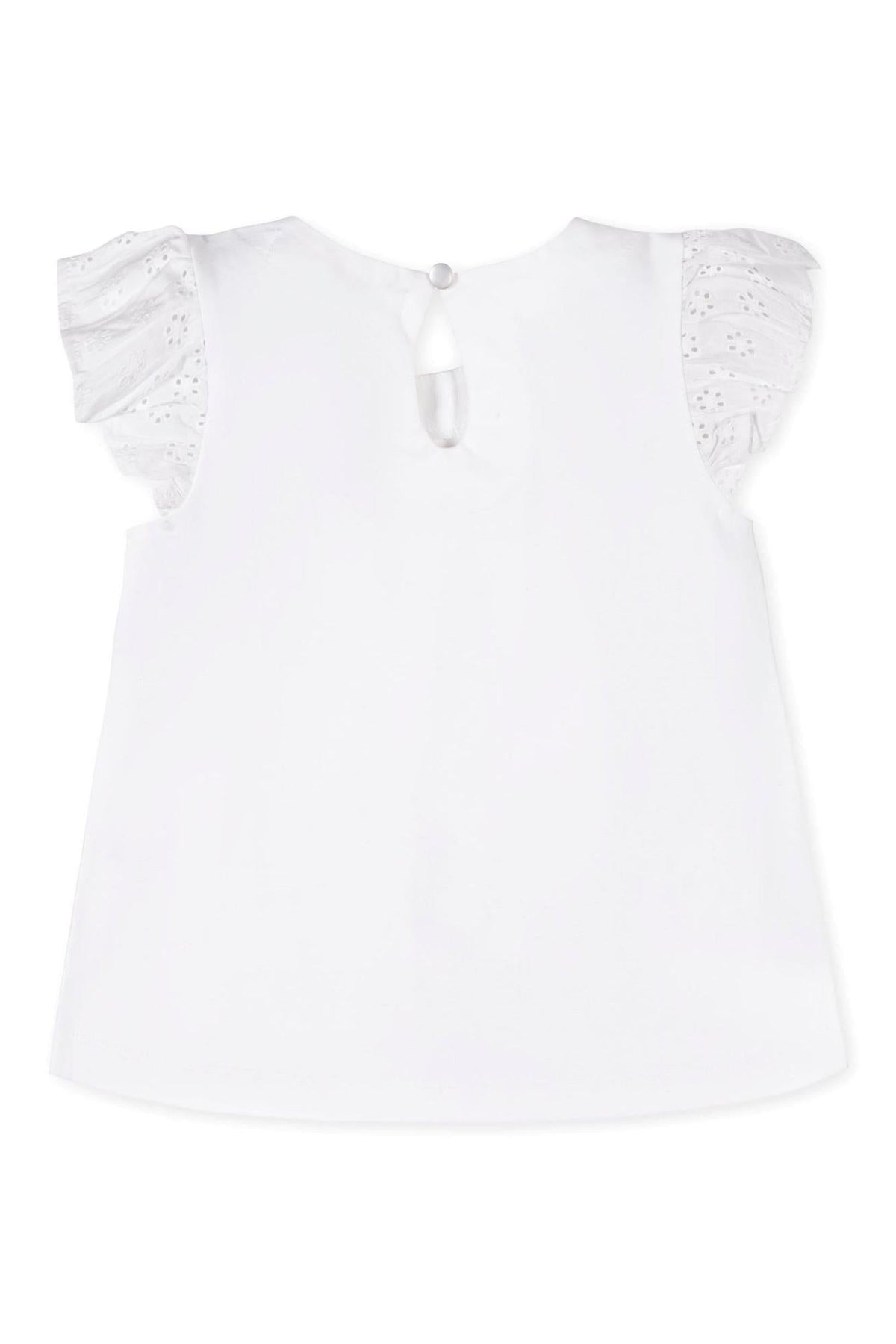 Back view of a white organic cotton top featuring delicate eyelet flutter sleeves and a keyhole button closure.