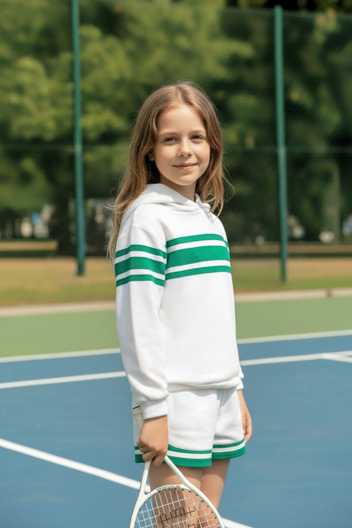 A girl stands on a tennis court wearing a white hoodie with green stripes and matching shorts, holding a tennis.