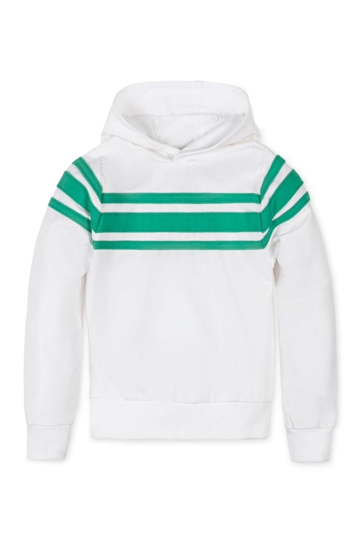 White hoodie featuring green and white athletic stripes across the chest and sleeves, made from soft organic cotton material.