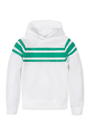 White hoodie featuring green and white athletic stripes across the chest and sleeves, made from soft organic cotton material.