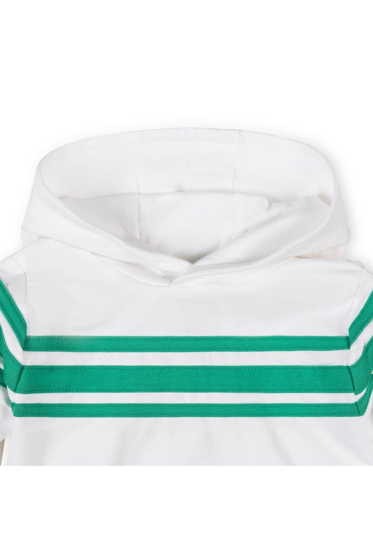 Close-up of a white hoodie featuring green athletic stripes across the chest and sleeves, made from soft organic cotton.