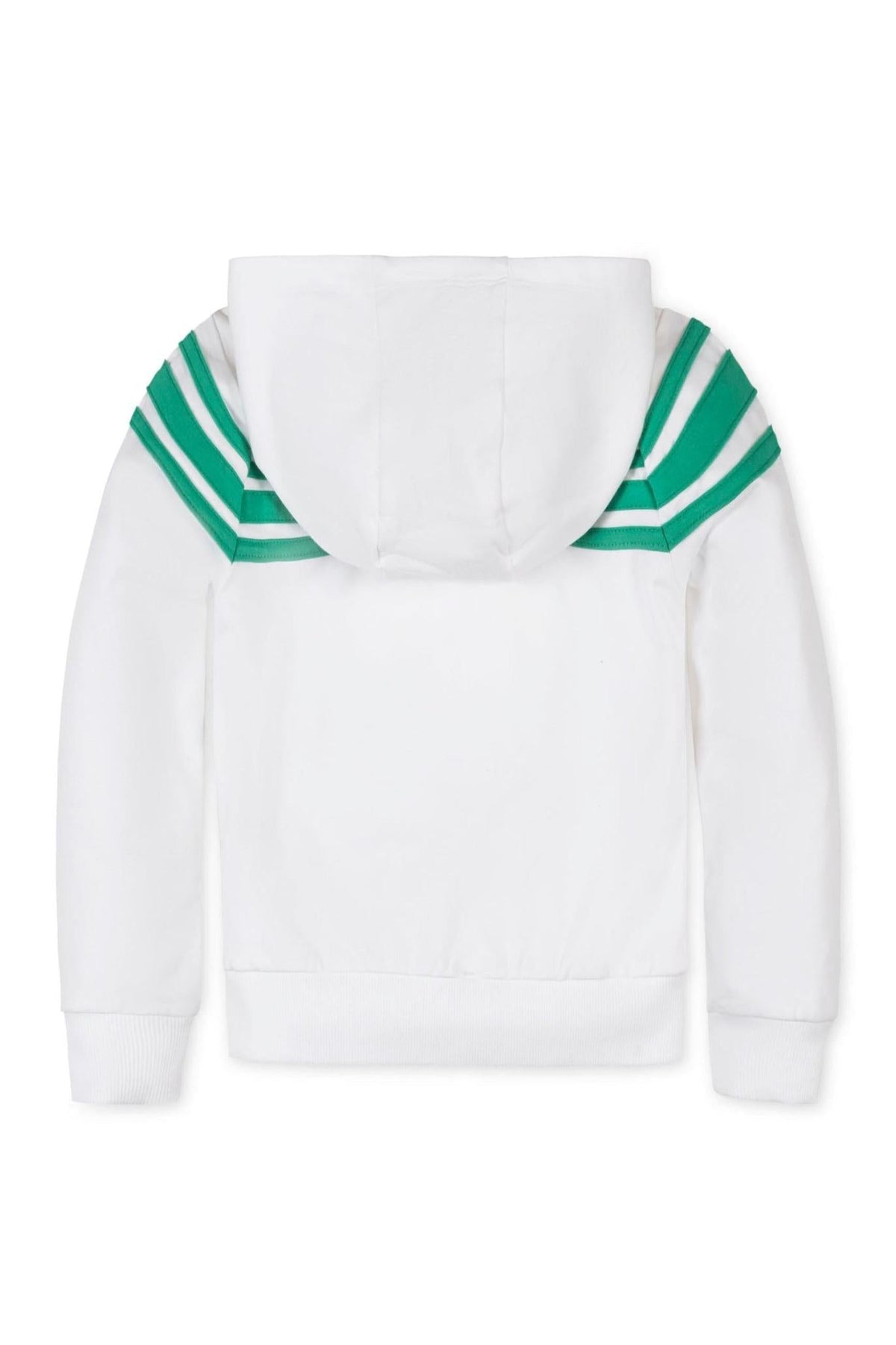 Back view of a white hoodie with green and white athletic stripes on the shoulders, made from soft organic cotton.