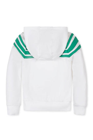 Back view of a white hoodie with green and white athletic stripes on the shoulders, made from soft organic cotton.
