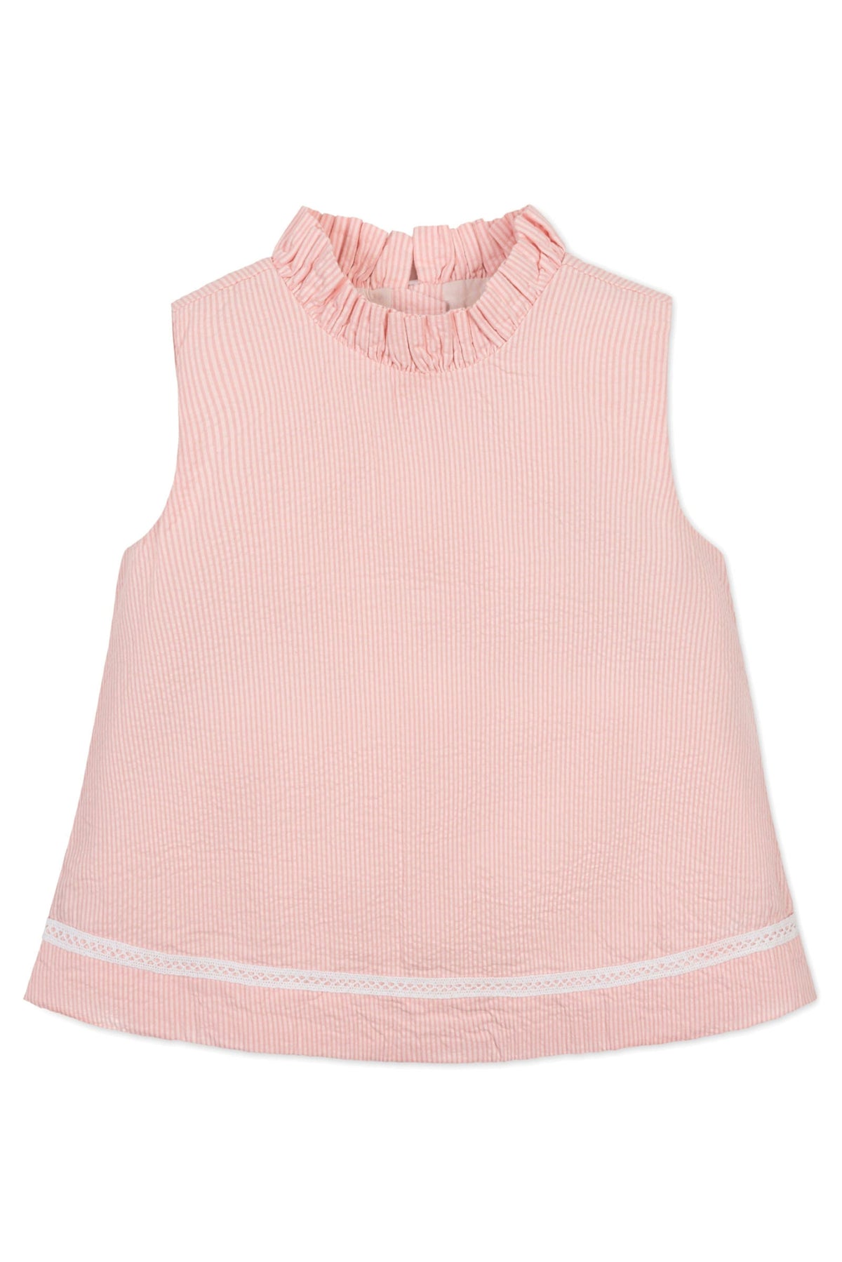 A sleeveless pink seersucker top with a ruffle collar and lace trim at the hem, suitable for girls.