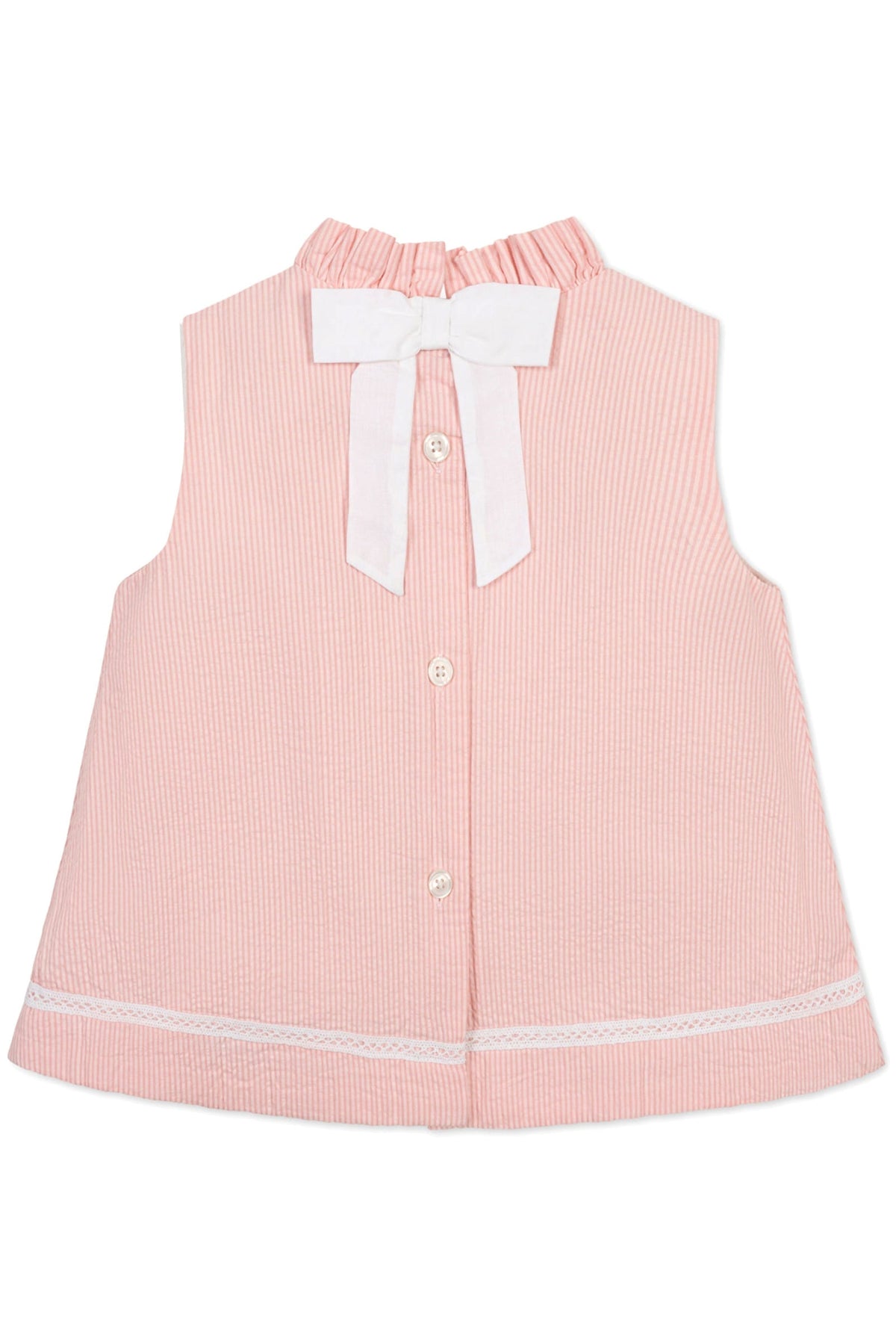 Back view of a pink seersucker top with a ruffle collar, white bow, and button closure, crafted from organic cotton.