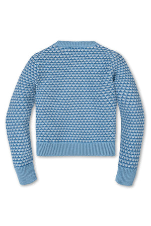 Back view of a blue tweed stitch cardigan made from 100% organic cotton, featuring a textured pattern and ribbed cuffs. Ideal for toddlers and kids, this piece is sustainably crafted.