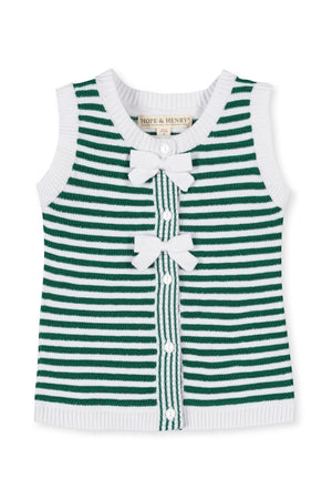 A kelly green and white striped sleeveless sweater tank top features button front closure and bow details.