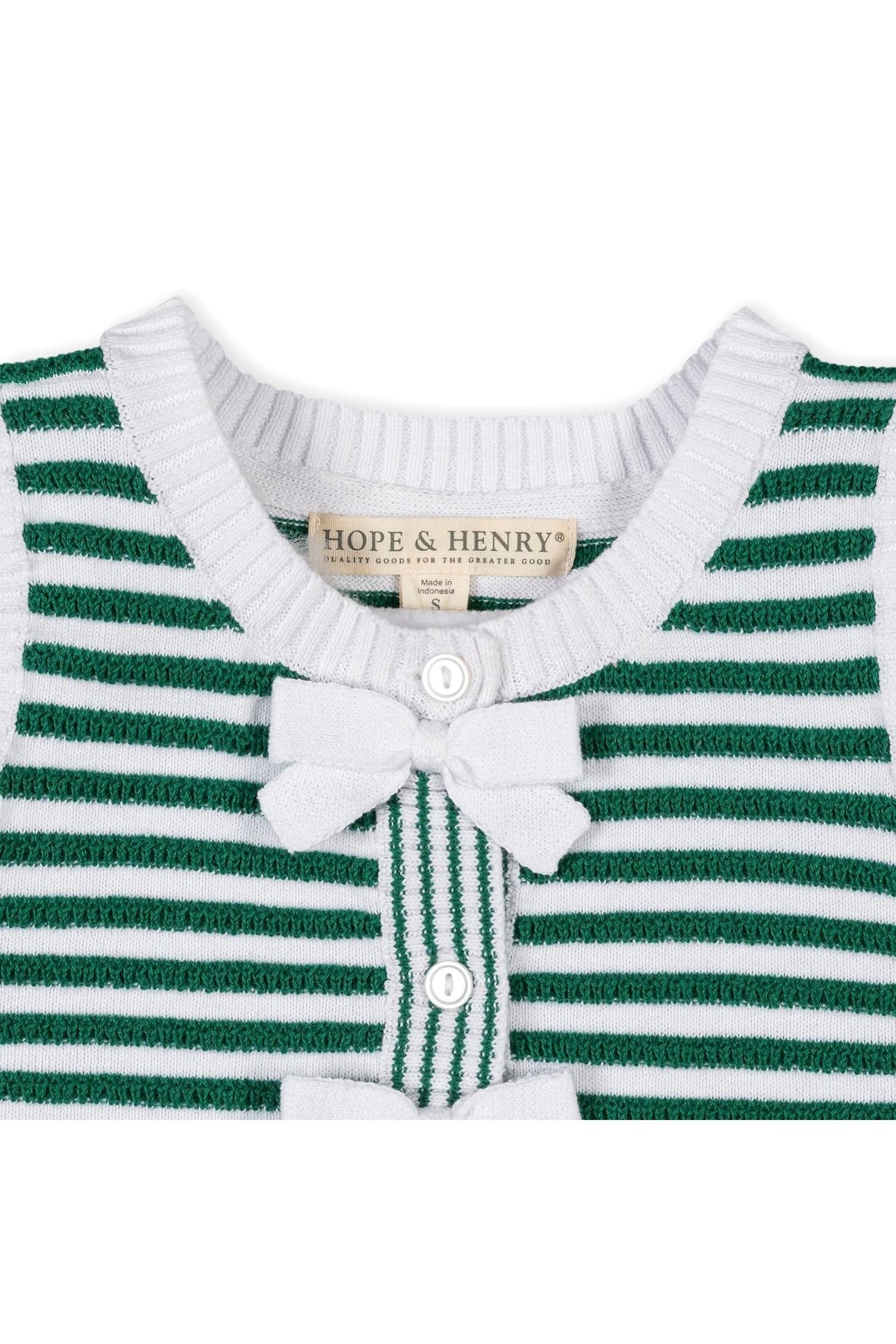 Close-up of a kelly green and white striped sweater tank top with a button front and bow details, labeled Hope.