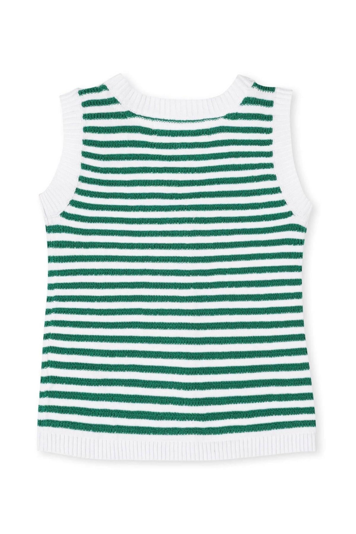 Back view of a sleeveless green and white striped sweater tank top, featuring a ribbed neckline and hem.