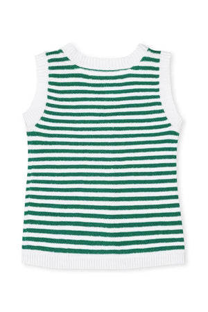 Back view of a sleeveless green and white striped sweater tank top, featuring a ribbed neckline and hem.