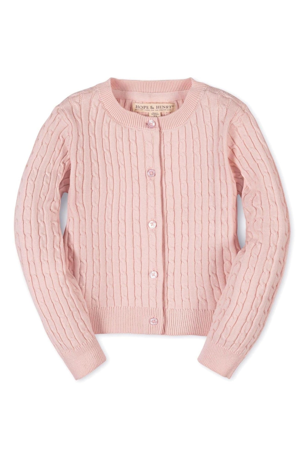 A soft pink cable knit cardigan by Hope & Henry features a round neckline and button front, perfect for girls.