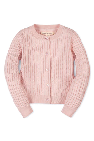 A soft pink cable knit cardigan by Hope & Henry features a round neckline and button front, perfect for girls.