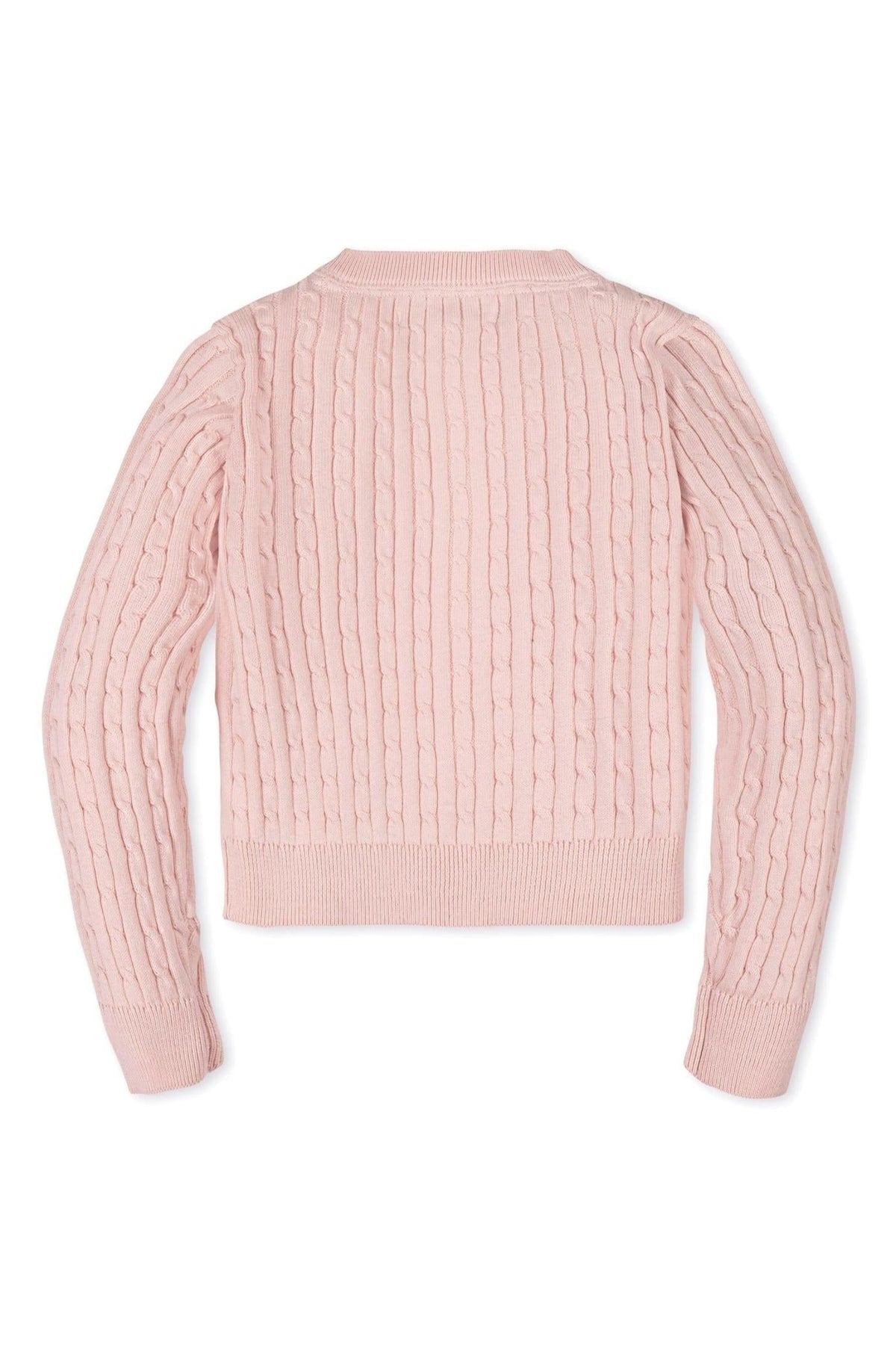 Back view of a soft pink organic cotton cable knit cardigan for girls, featuring long sleeves and a ribbed hem.