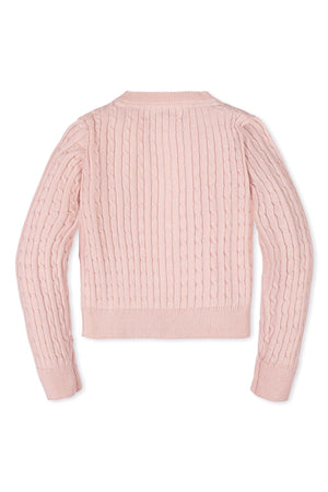 Back view of a soft pink organic cotton cable knit cardigan for girls, featuring long sleeves and a ribbed hem.