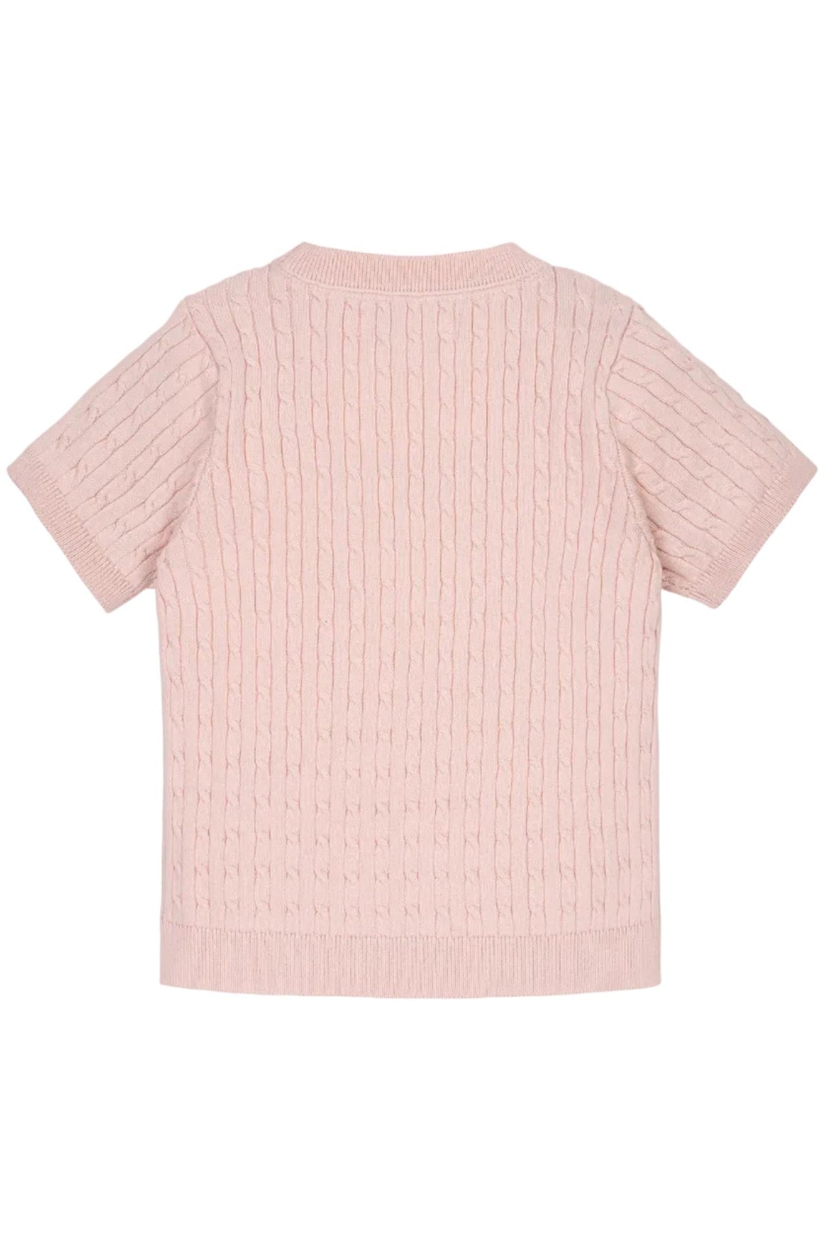 Back view of a pink short sleeve cable knit sweater for girls, crafted from 100% organic cotton. The soft fabric features a textured design, suitable for ages 2T to 12.