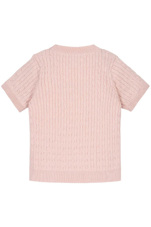 Back view of a pink short sleeve cable knit sweater for girls, crafted from 100% organic cotton. The soft fabric features a textured design, suitable for ages 2T to 12.