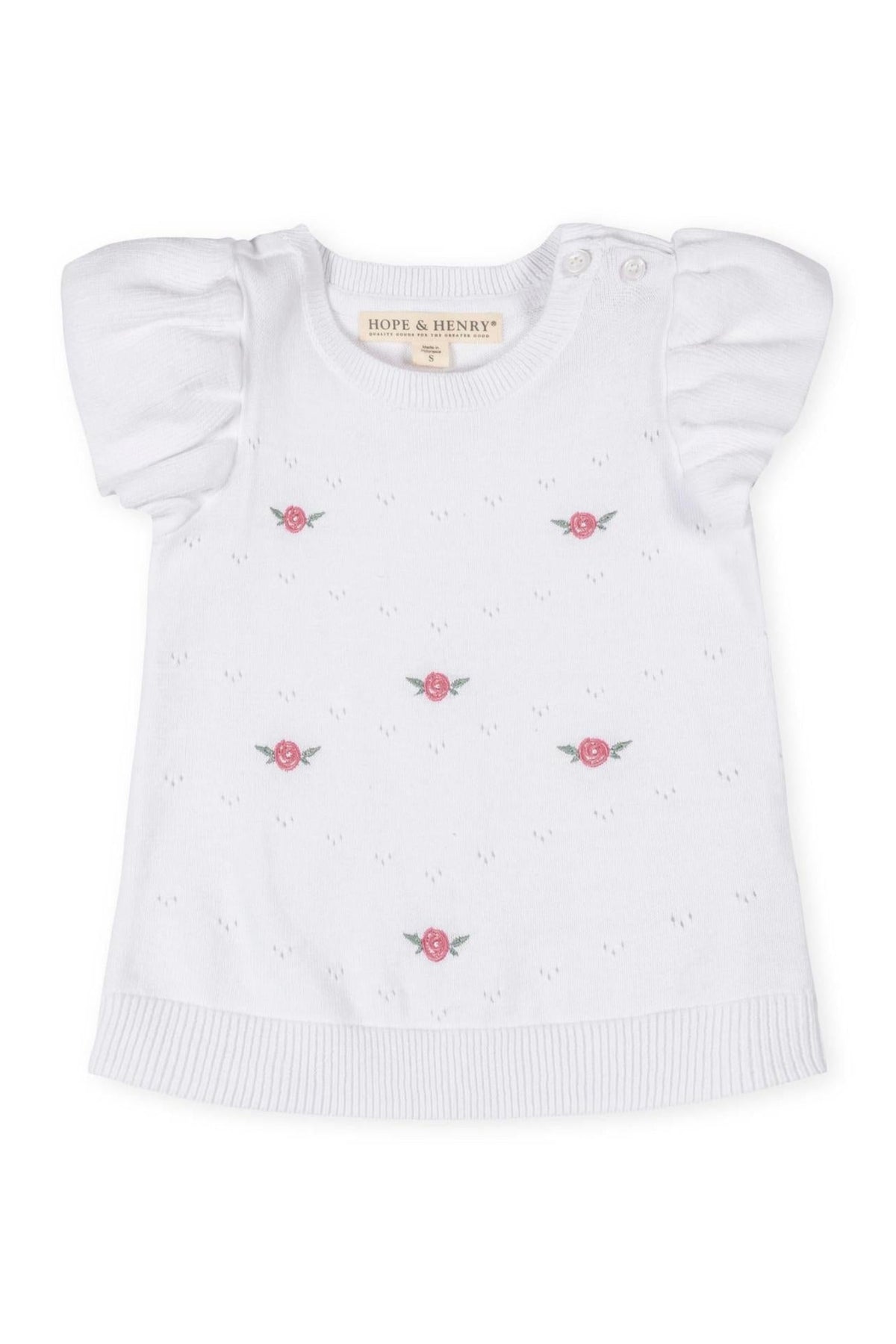 White pointelle sweater from Hope & Henry featuring ruffle sleeves and pink embroidered roses, made from 100% organic cotton.