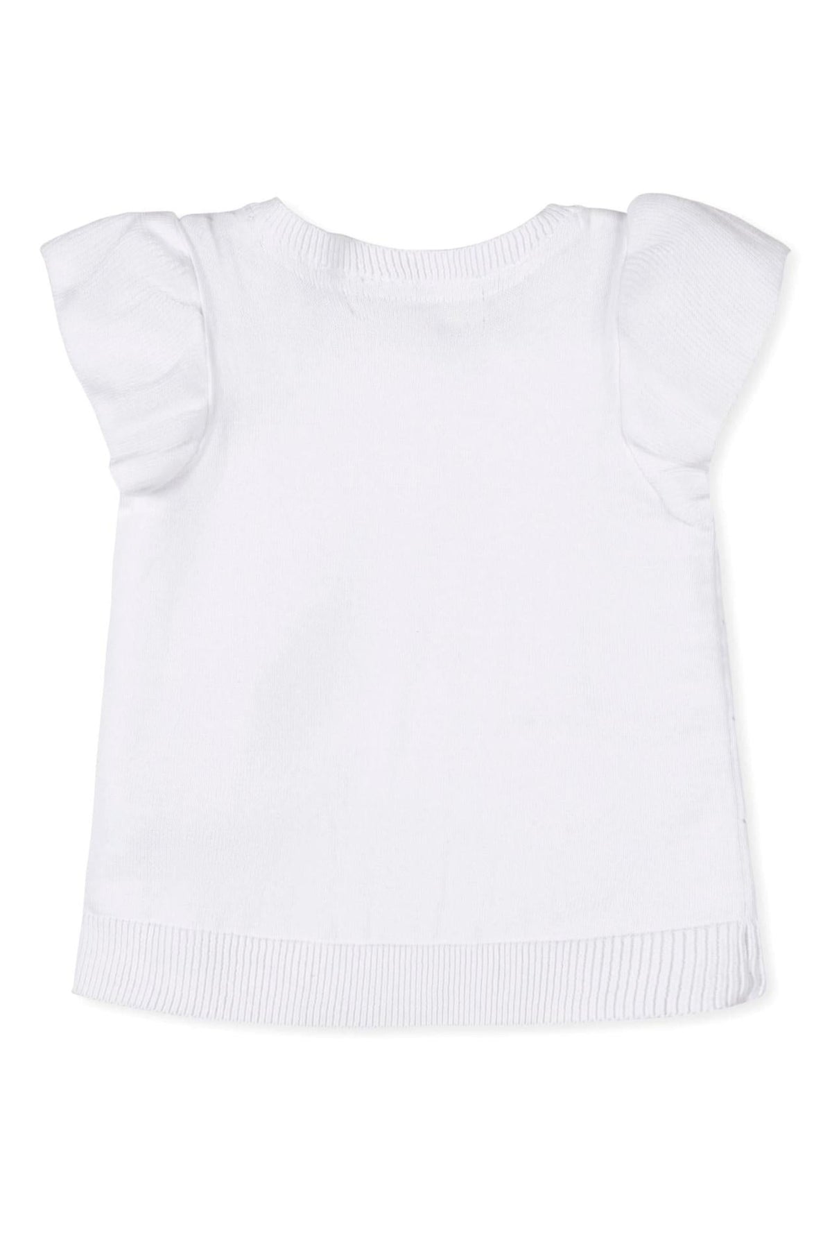 Back view of a white short-sleeve sweater featuring ruffle sleeves and a ribbed hem, made from organic cotton.