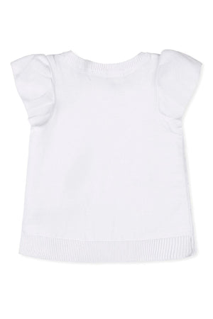 Back view of a white short-sleeve sweater featuring ruffle sleeves and a ribbed hem, made from organic cotton.