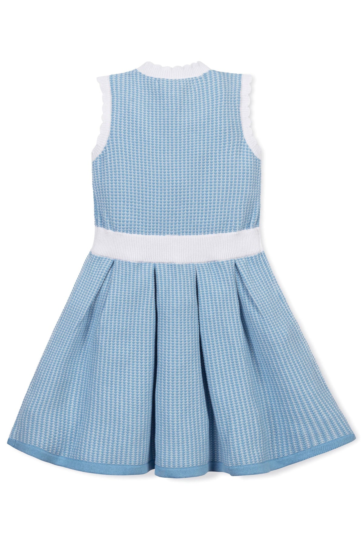A blue sleeveless dress with a pleated skirt and white trim, made from organic cotton.