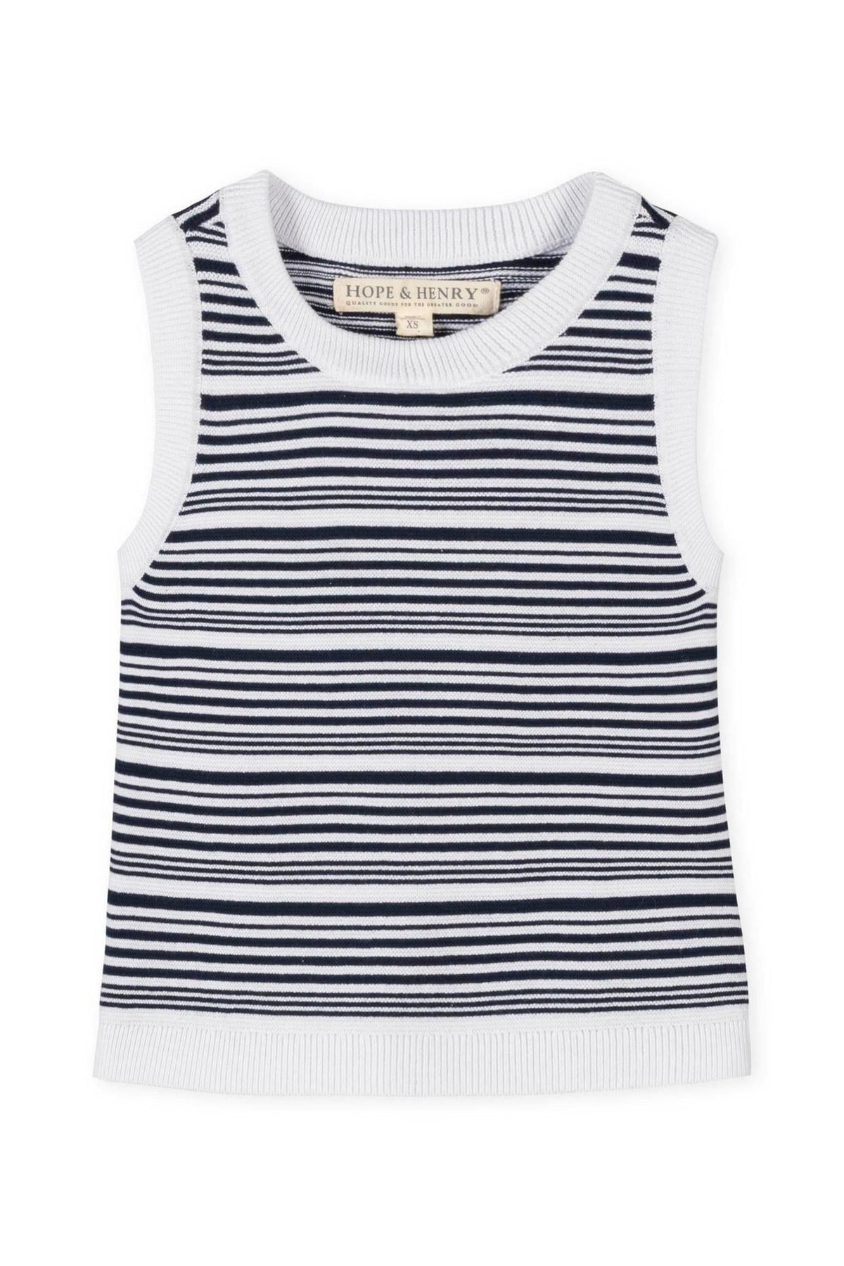 Navy and white striped sweater tank top featuring a ribbed neckline and armholes, designed for toddlers and kids.