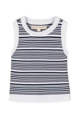 Navy and white striped sweater tank top featuring a ribbed neckline and armholes, designed for toddlers and kids.