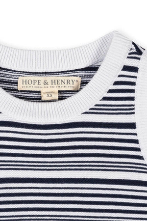 Close-up of a navy and white striped sweater tank top by Hope & Henry, featuring a ribbed neckline and tag.