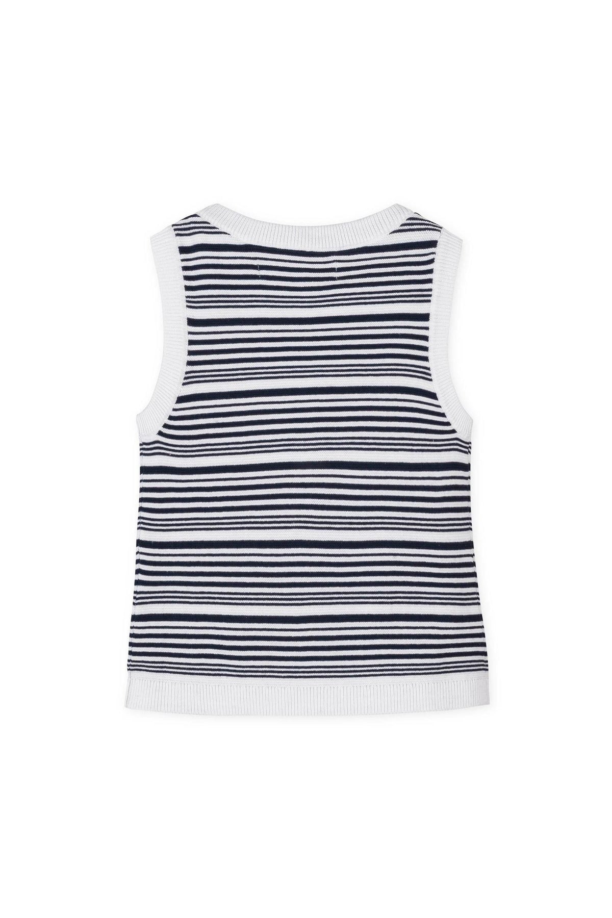Back view of a navy and white striped organic cotton sweater tank top for girls, featuring a classic sleeveless design.