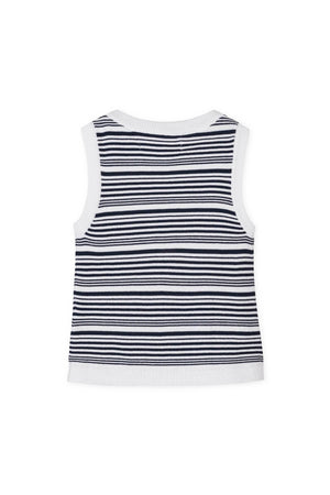 Back view of a navy and white striped organic cotton sweater tank top for girls, featuring a classic sleeveless design.