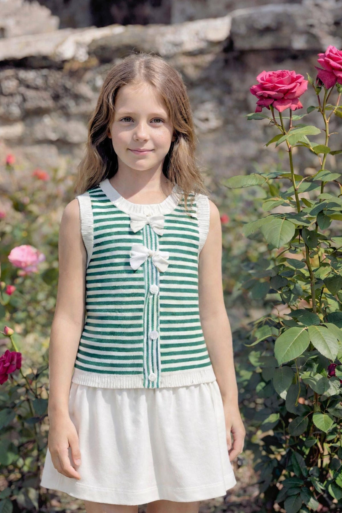 A young girl stands among blooming roses, wearing a green and white striped vest with a bow and a white skirt. The outdoor setting features vibrant flowers and natural sunlight.