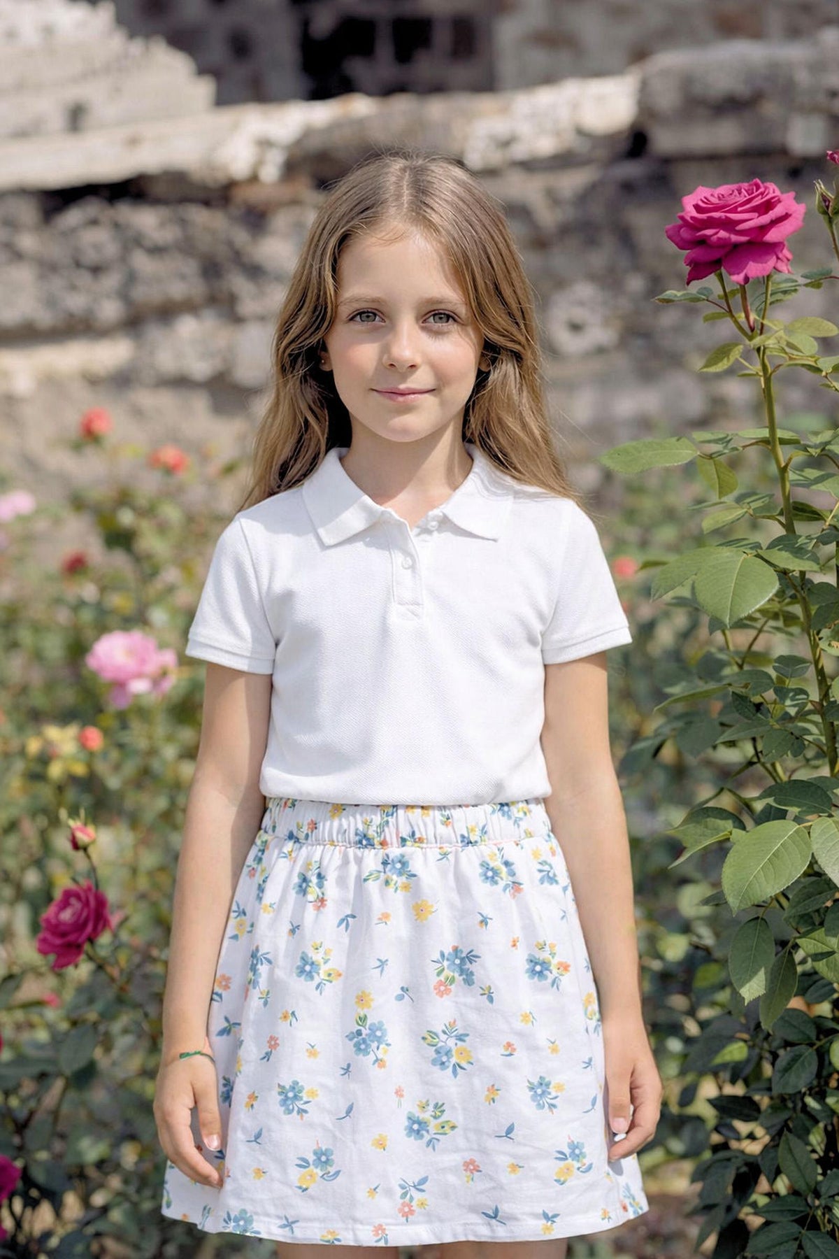 A young girl stands in a garden of blooming roses, wearing a white polo shirt and a floral-printed skort.