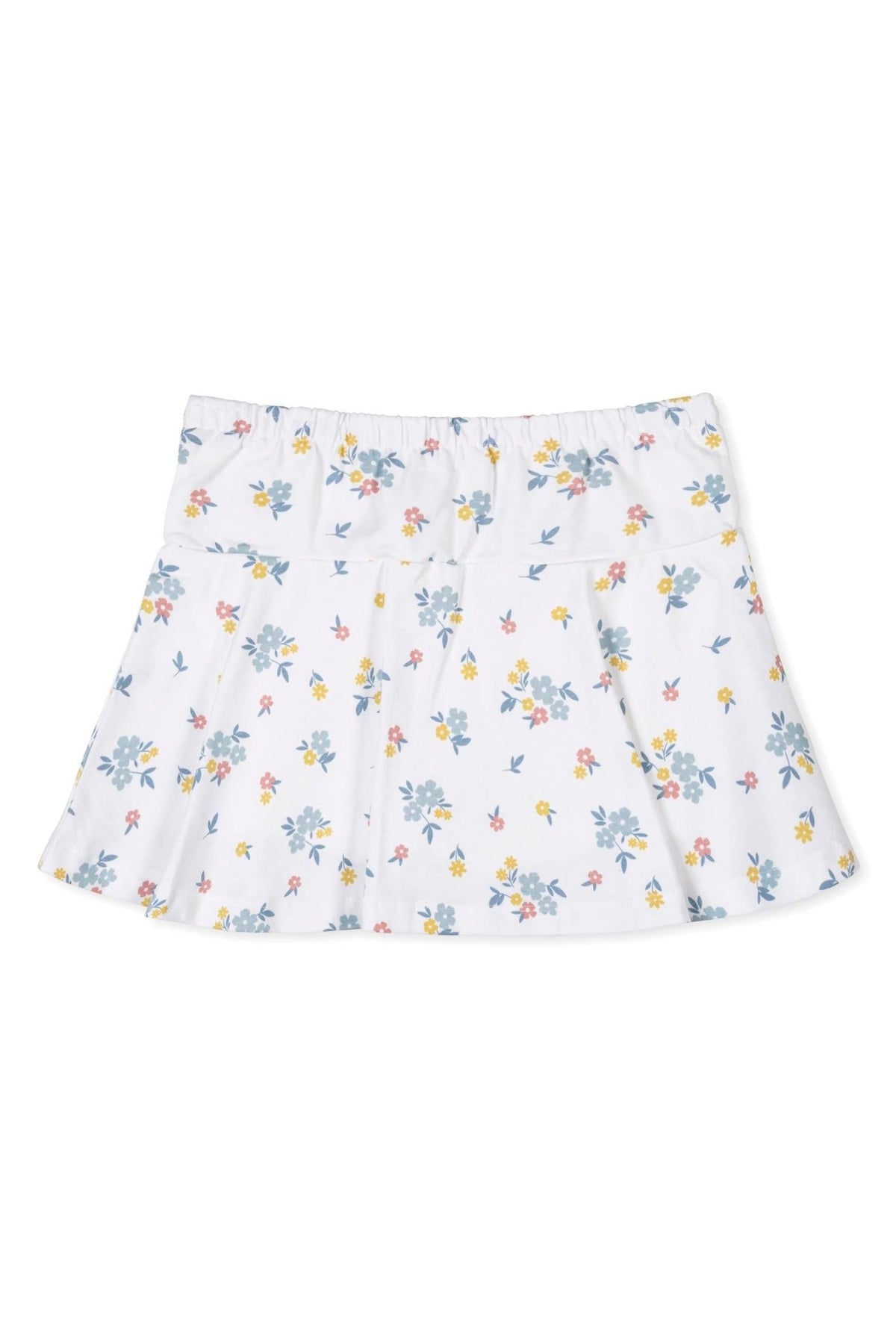 A flouncy skort in soft organic cotton features a white background adorned with colorful floral patterns. It has an elastic back waist, perfect for comfortable play in sizes 2T-12.