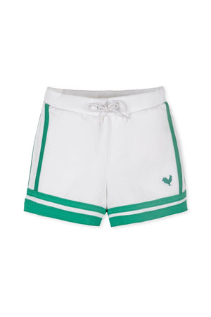 White organic cotton French terry shorts for kids feature green athletic stripes and a faux drawcord. These comfortable pull-on shorts are perfect for active toddlers and young children.