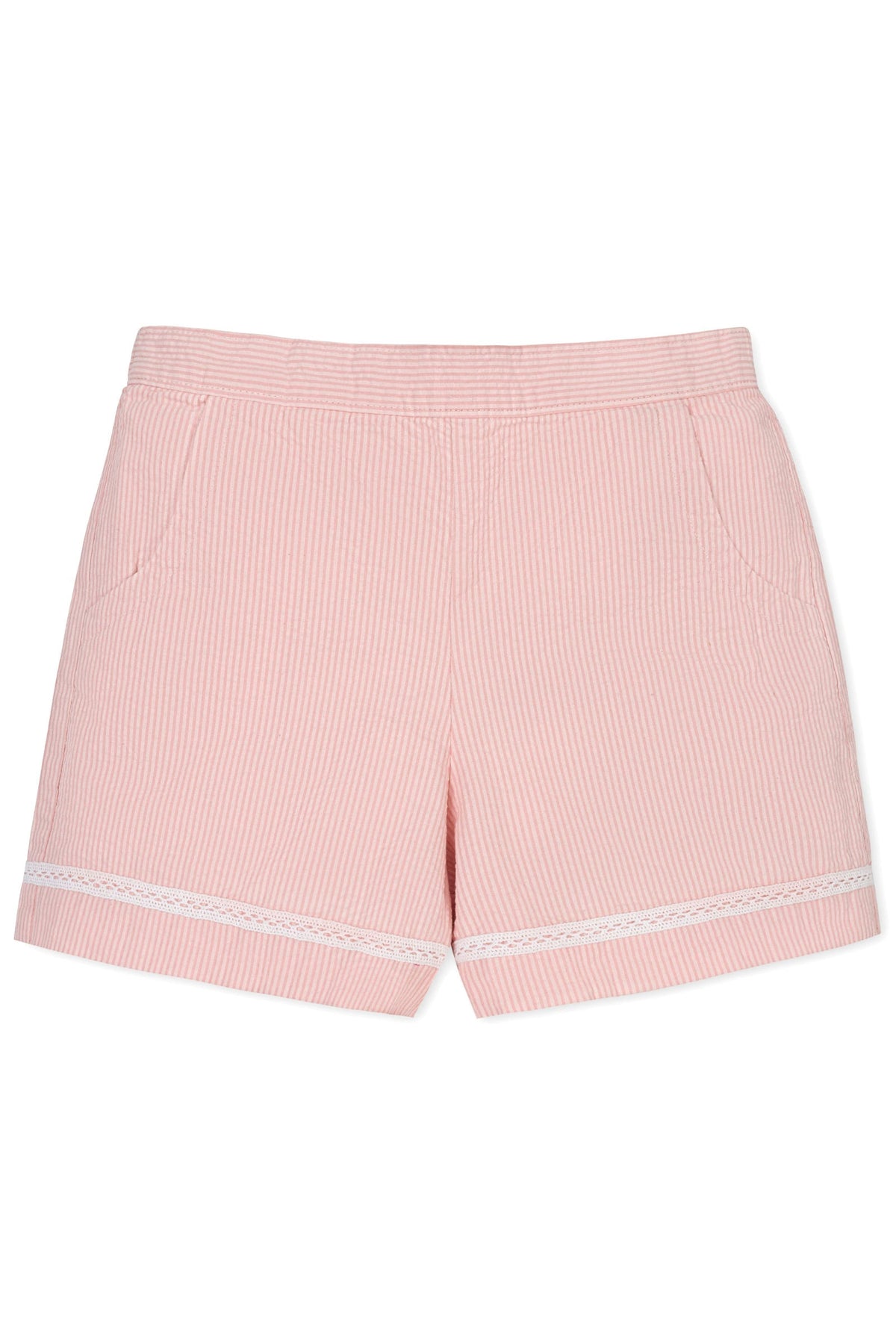 Light pink seersucker shorts featuring white ladder trim and side pockets, made from soft organic cotton for girls.