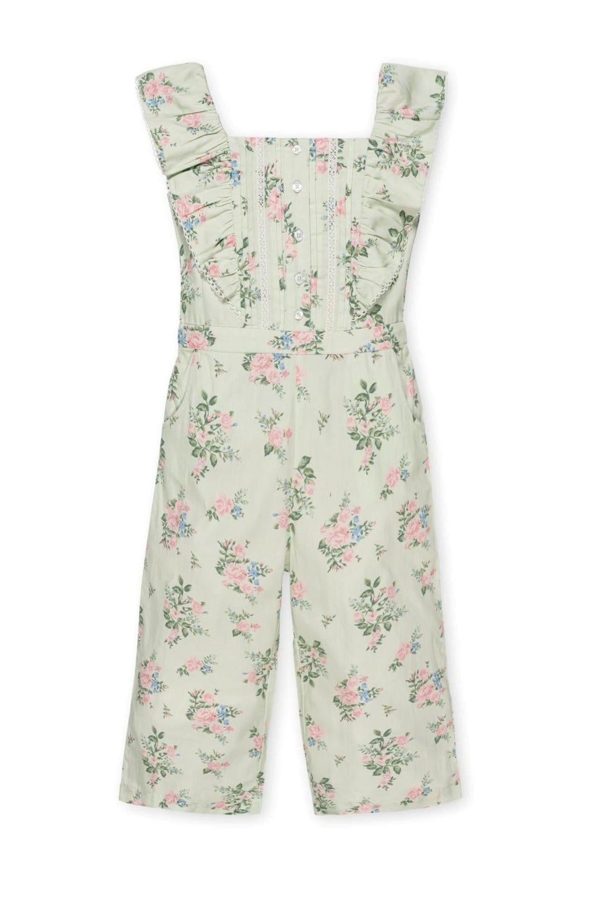 Light green floral jumpsuit featuring flutter sleeves, button front closure, and wide legs, made from organic cotton.