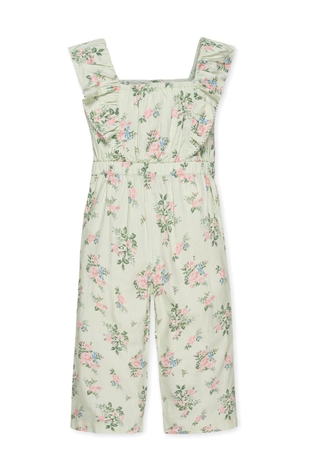 Light green jumpsuit with floral patterns, featuring flutter sleeves and an elastic waist, made from organic cotton for girls.