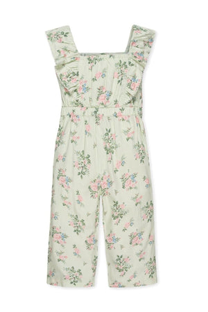 Light green jumpsuit with floral patterns, featuring flutter sleeves and an elastic waist, made from organic cotton for girls.