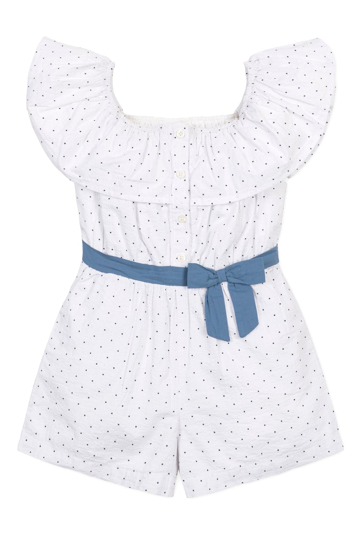 A white organic cotton seersucker romper features a ruffle collar and blue waist sash with bow. It includes a button closure and is designed for toddlers and kids.